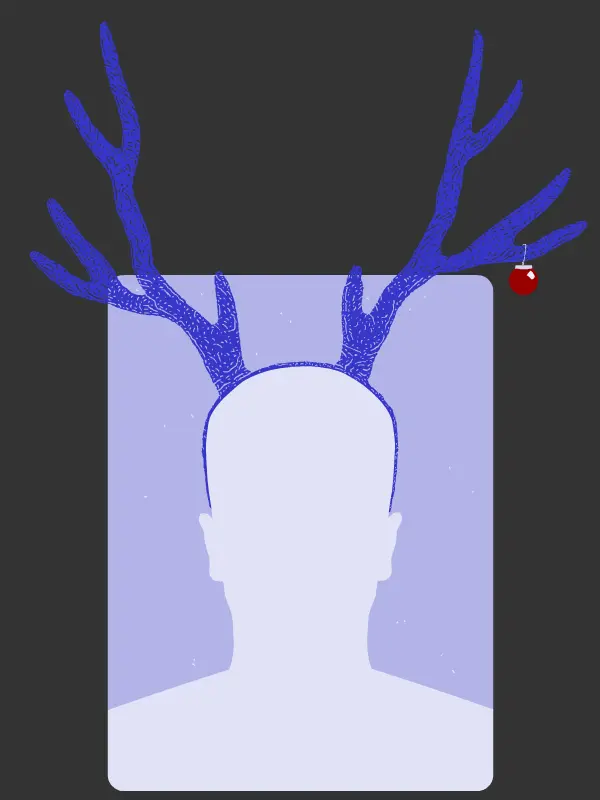 Avatar wearing reindeer antlers with a christmas ornament