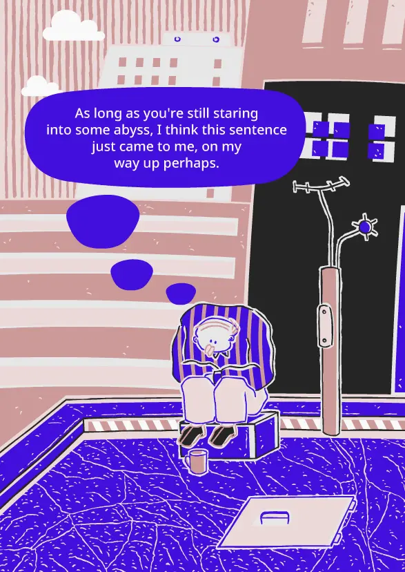 As long as you're still staring into some abyss, man on roof staring into his mug, Cartoon