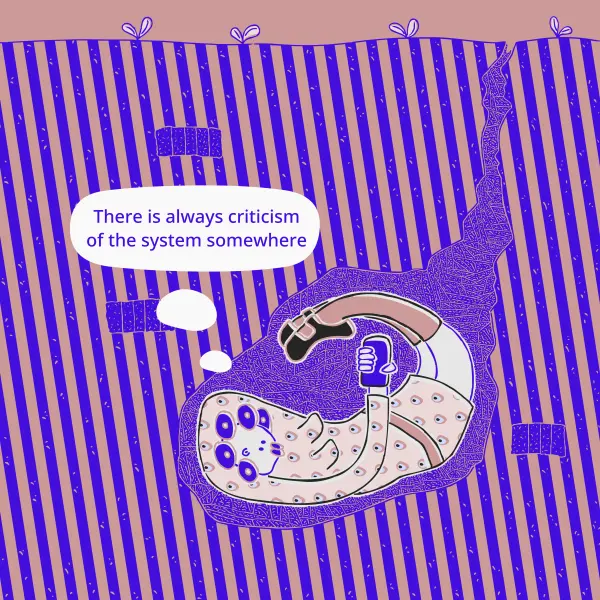 There is always critisim of the system somewhere. Woman with phone in an earth hole. Cartoon