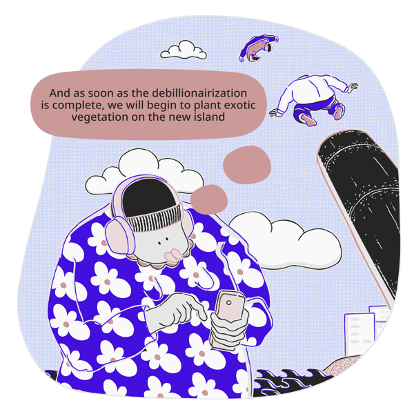 after the debillionairization, a new beach. Cartoon