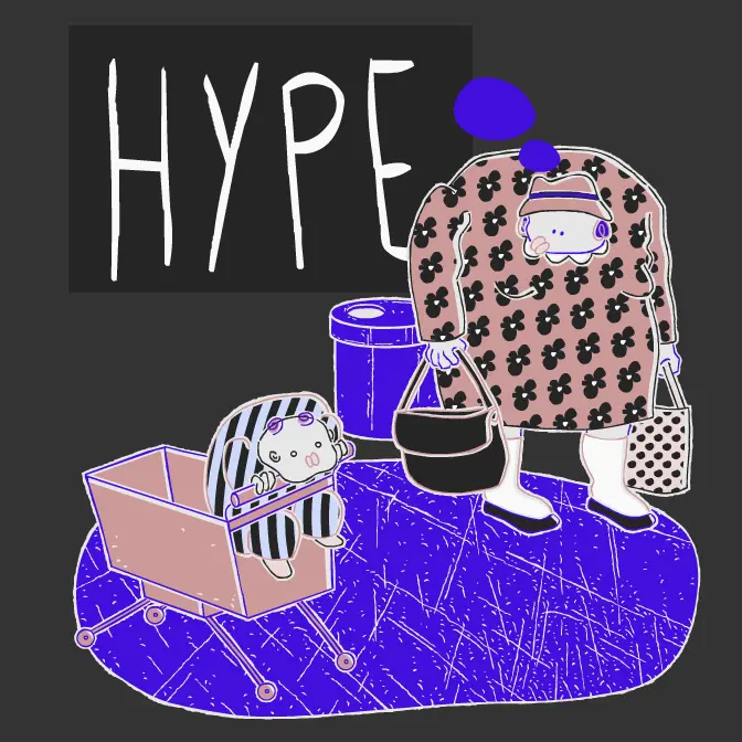 Hype! Shopping cart versus bags. Cartoon