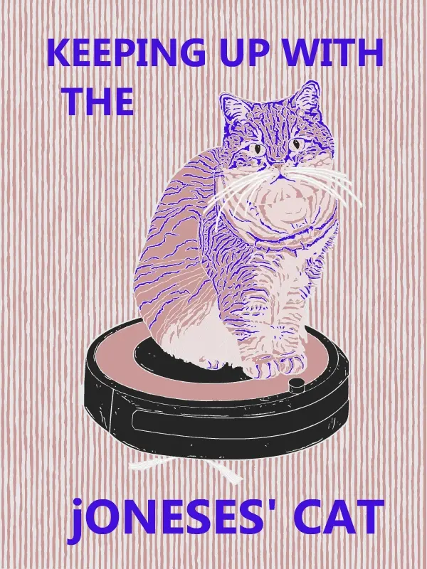 Keeping up with the Joneses' cat. Kitten riding a roomba vacuum. Cartoon