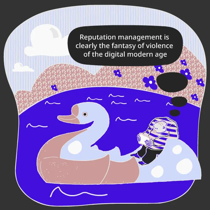 Reputation management, fantasy of violence of the digital modern age. Cartoon