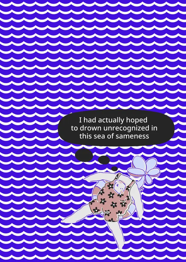 drowning in the sea of sameness. Cartoon