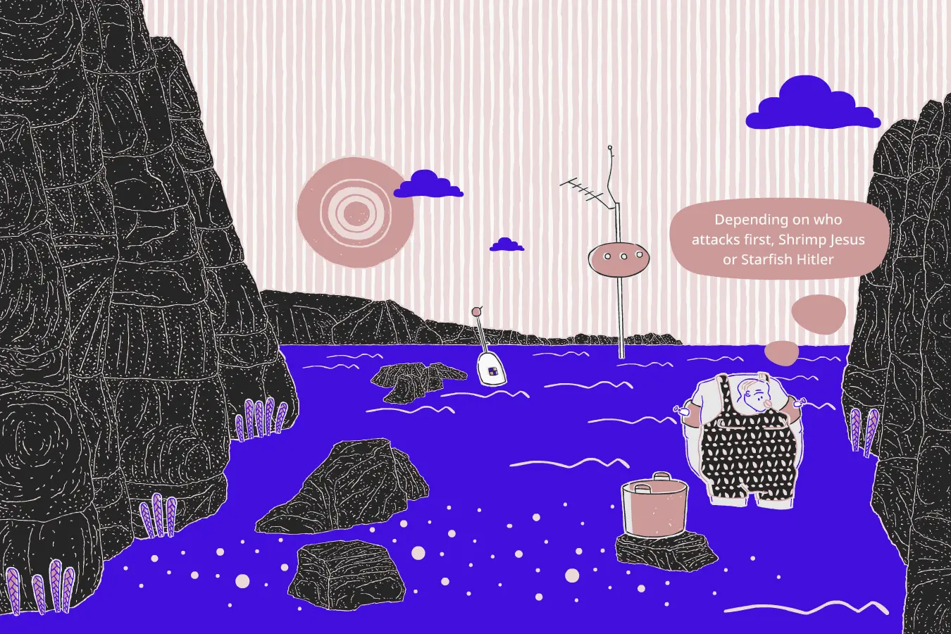 Who will attack first, Shrimp Jesus or Starfish Hitler. Bathing man in the sea with basket, Cartoon