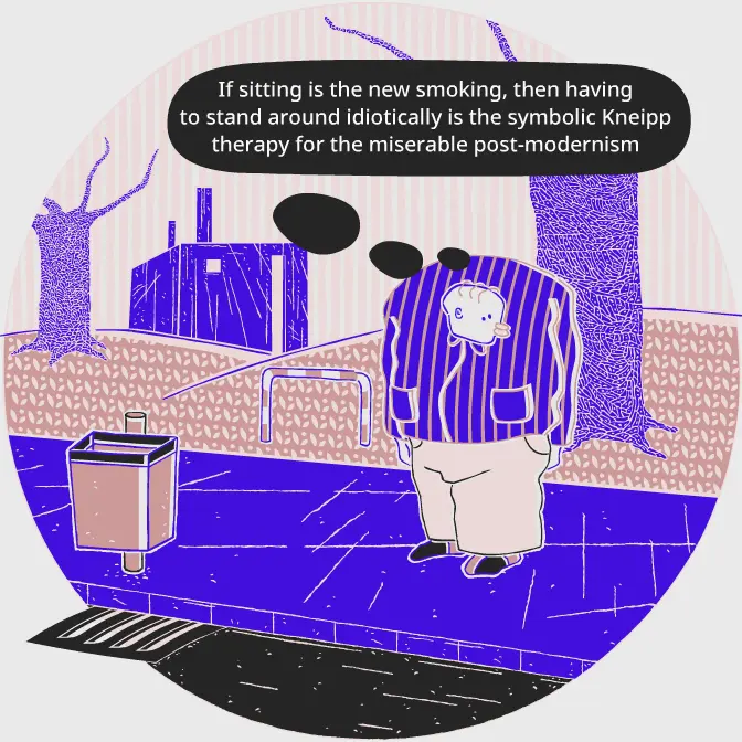 Sitting is the new smoking. Man in landscape. Cartoon