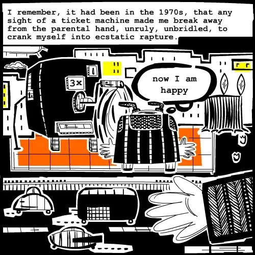 Girl at ticket machine. Comic