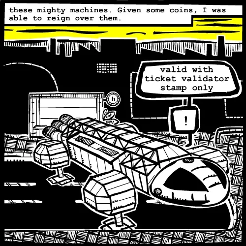 Space ship at bus stop. Comic