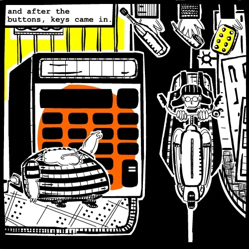 Young adult and child at ticket machine. Comic