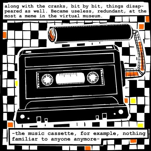 Music cassette with crank. Comic