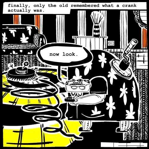 Old woman with crank. Comic